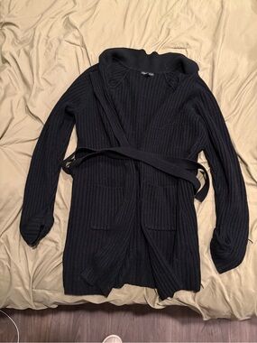 Carolyn Taylor Black Ribbed Shawl-Collar Belted Cardigan